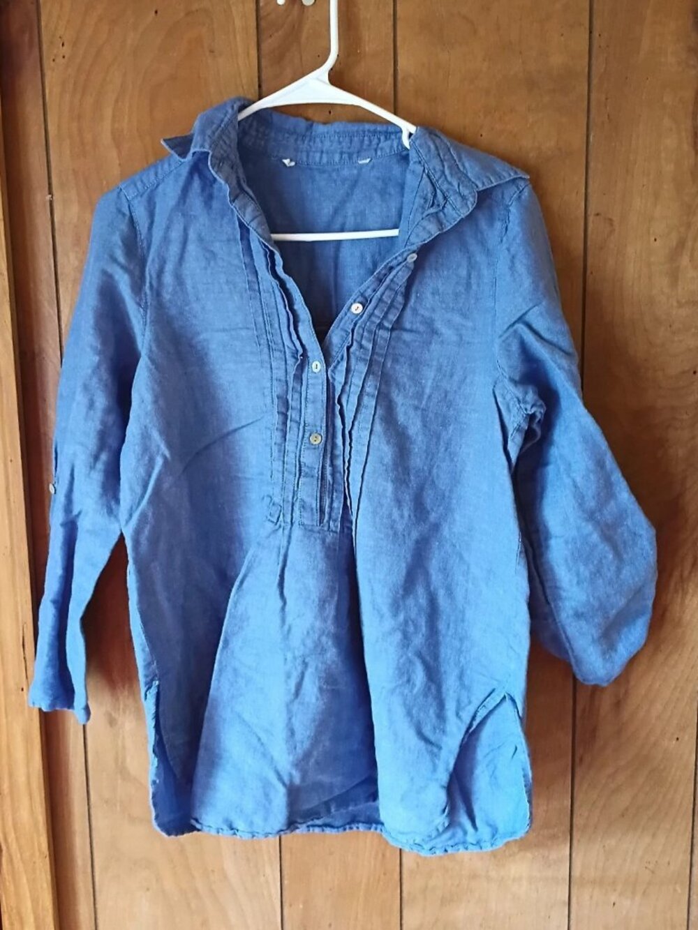 Blue Chambray Popover Blouse Women's Medium (39" Chest) 3/4 Roll Tab Sleeves